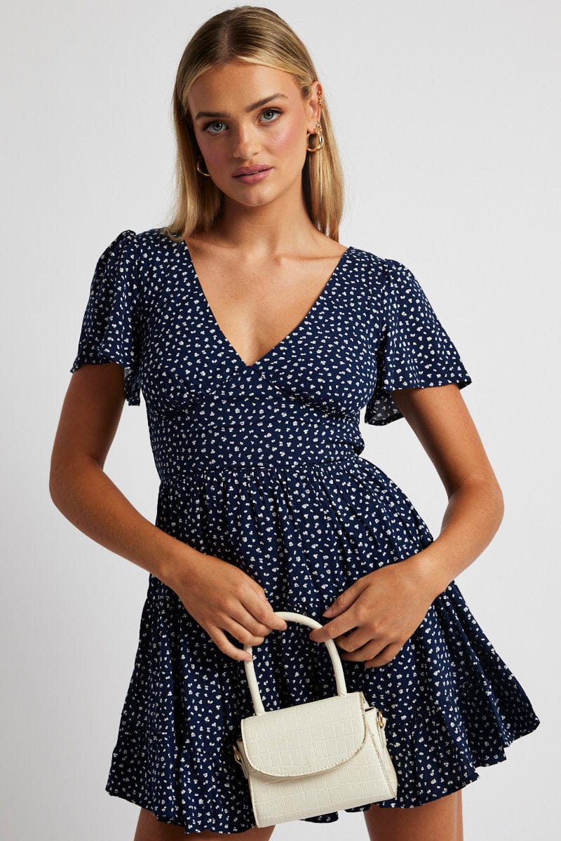 Blue Ditsy Fit And Flare Dress V-neck Mini for Ally Fashion