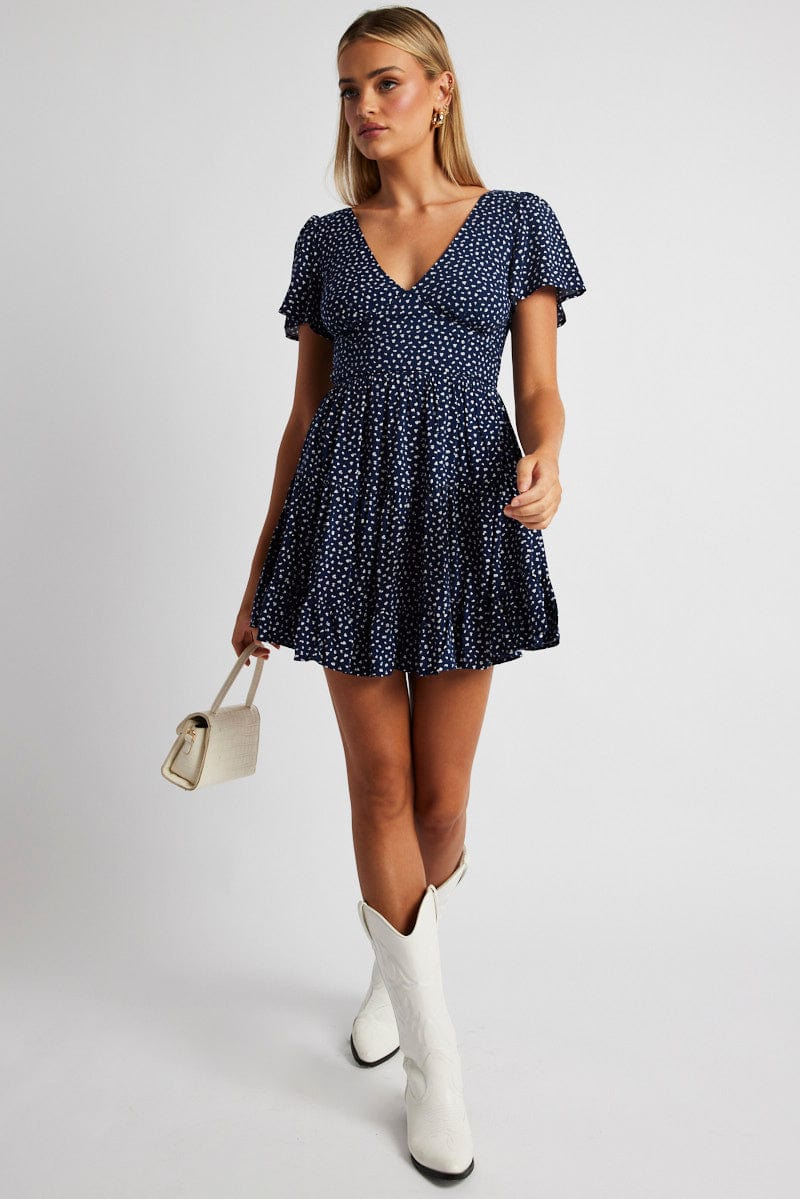 Blue Ditsy Fit And Flare Dress V-neck Mini for Ally Fashion