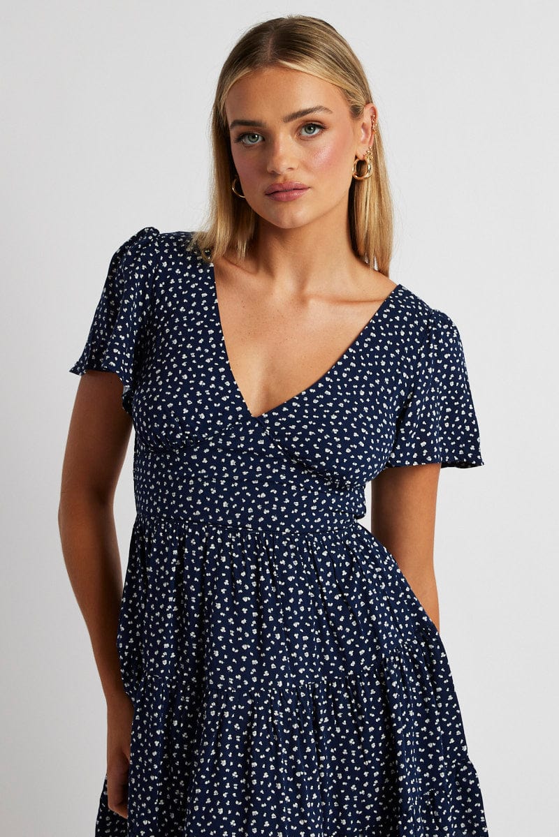 Blue Ditsy Fit And Flare Dress V-neck Mini for Ally Fashion