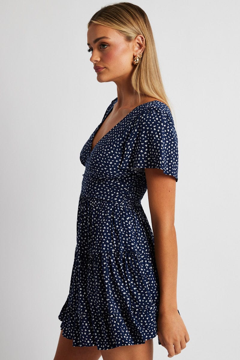 Blue Ditsy Fit And Flare Dress V-neck Mini for Ally Fashion