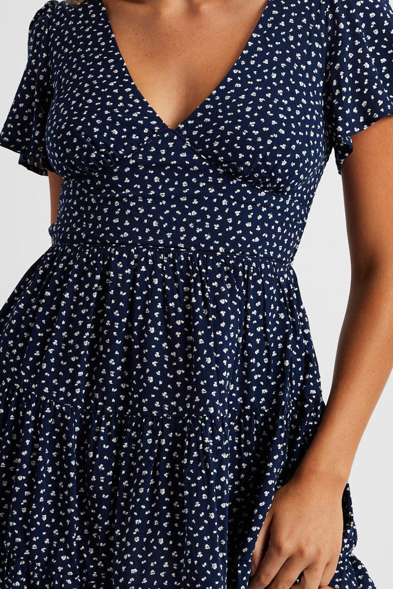 Blue Ditsy Fit And Flare Dress V-neck Mini for Ally Fashion