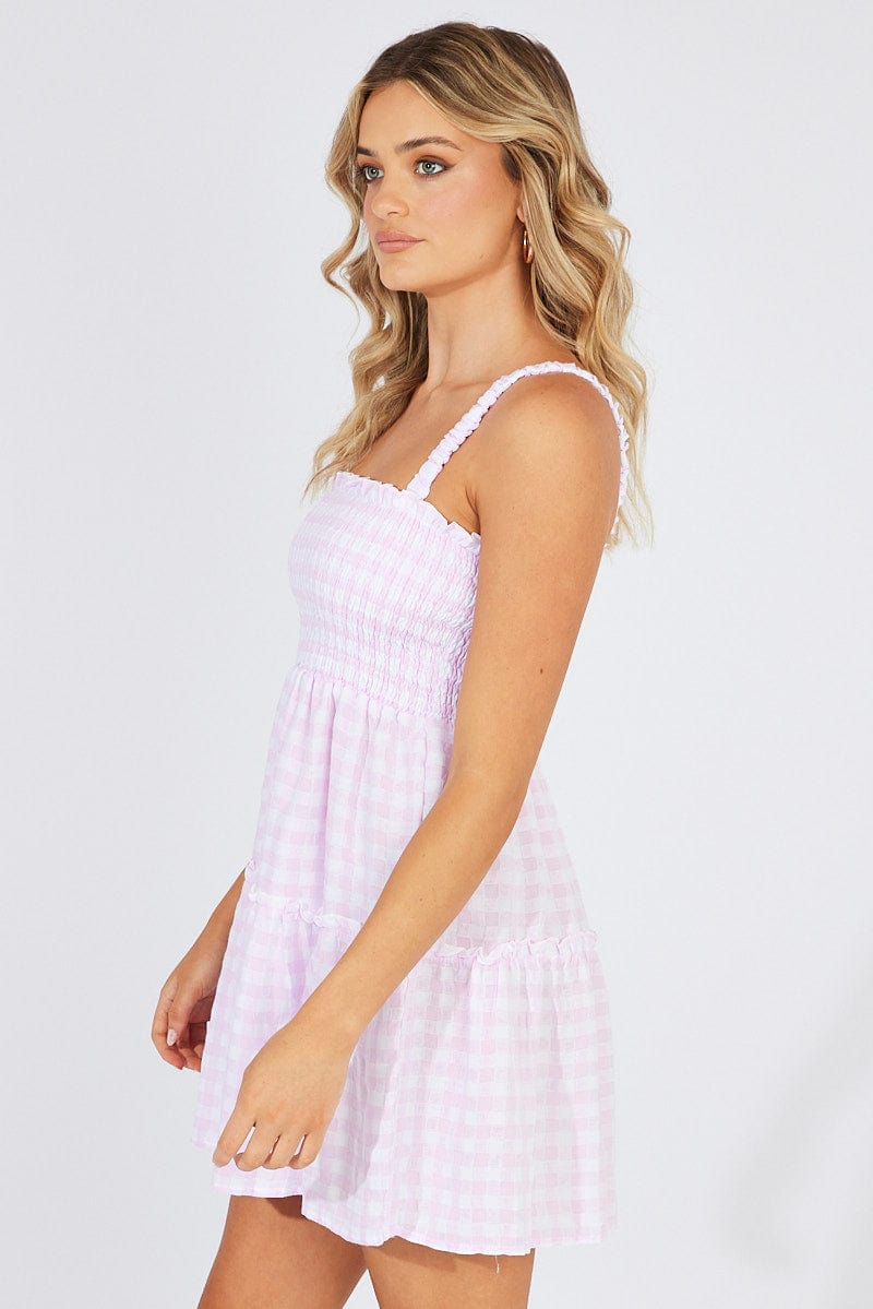 Purple Check Fit And Flare Dress Shirred Bust Mini for Ally Fashion