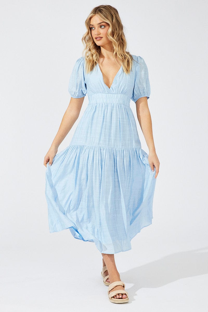 Blue Maxi Dress Puff Sleeve for Ally Fashion