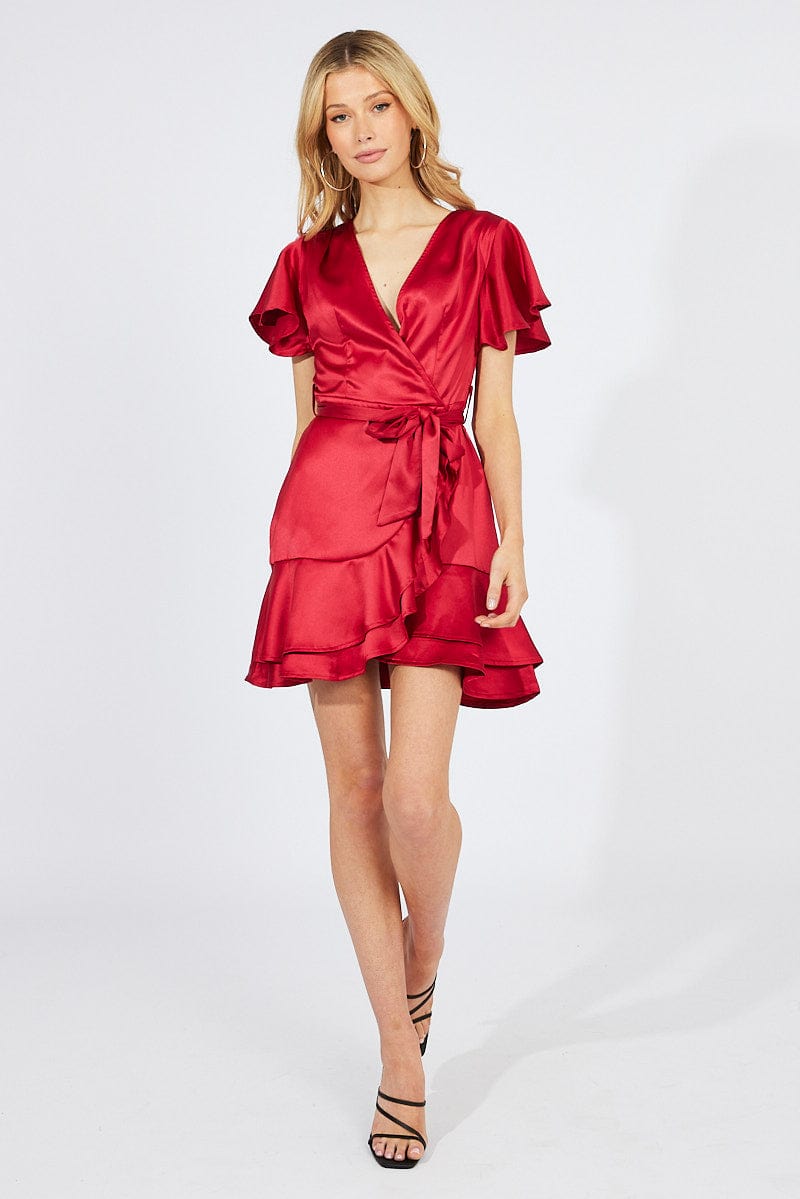 Red Mini Dress Ruffled Hem Satin for Ally Fashion