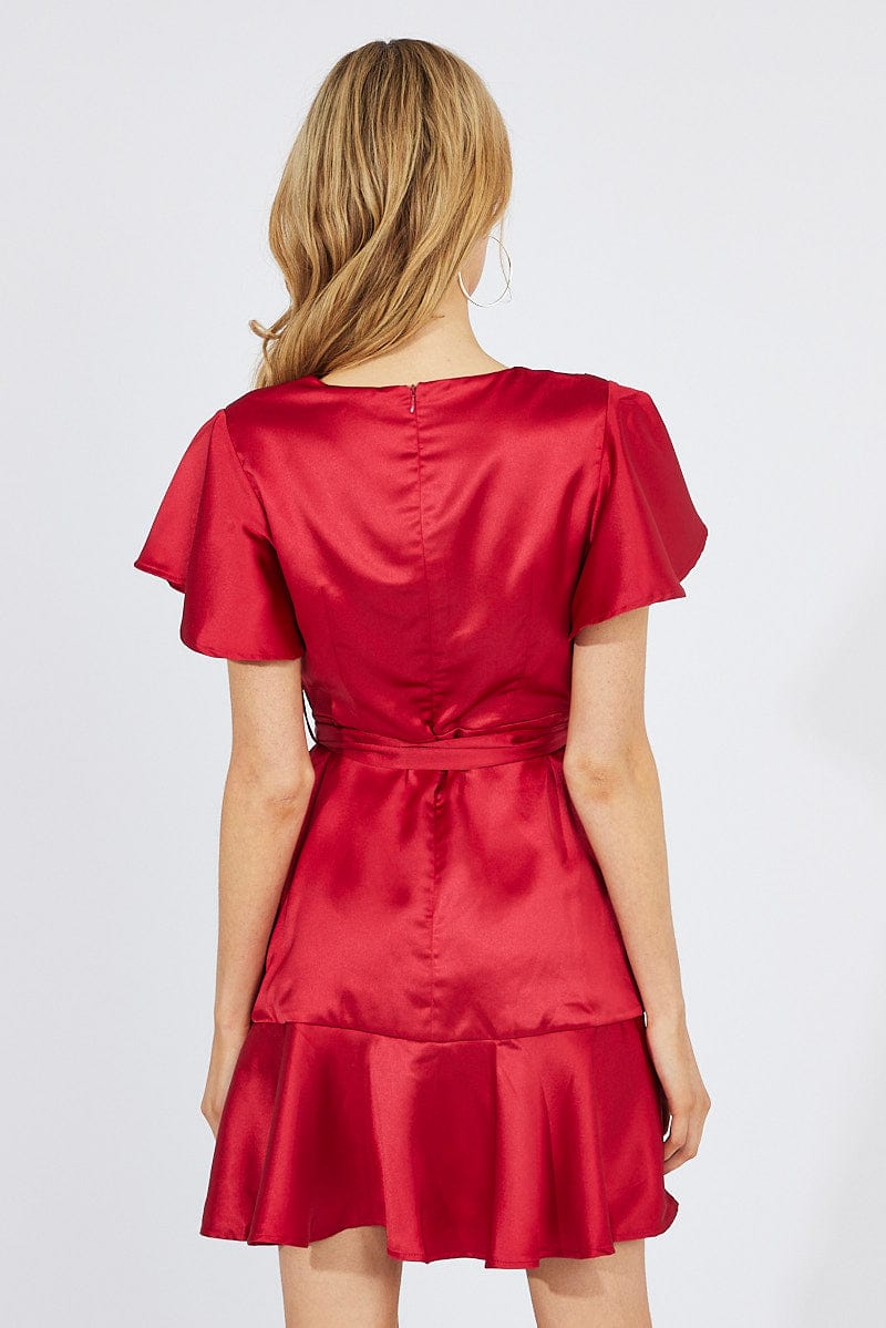 Red Mini Dress Ruffled Hem Satin for Ally Fashion