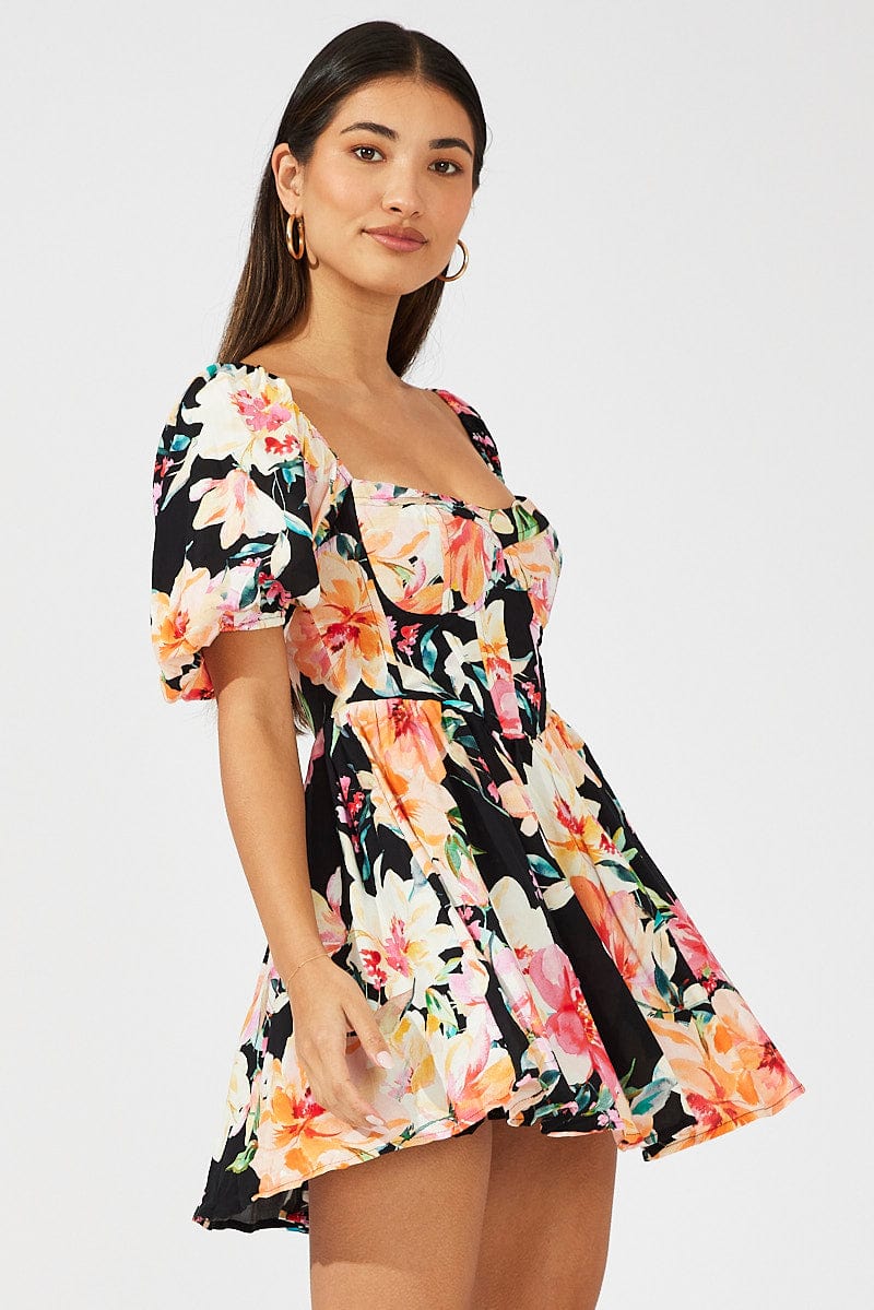 Black Floral Puff Sleeve Skater Dress for Ally Fashion