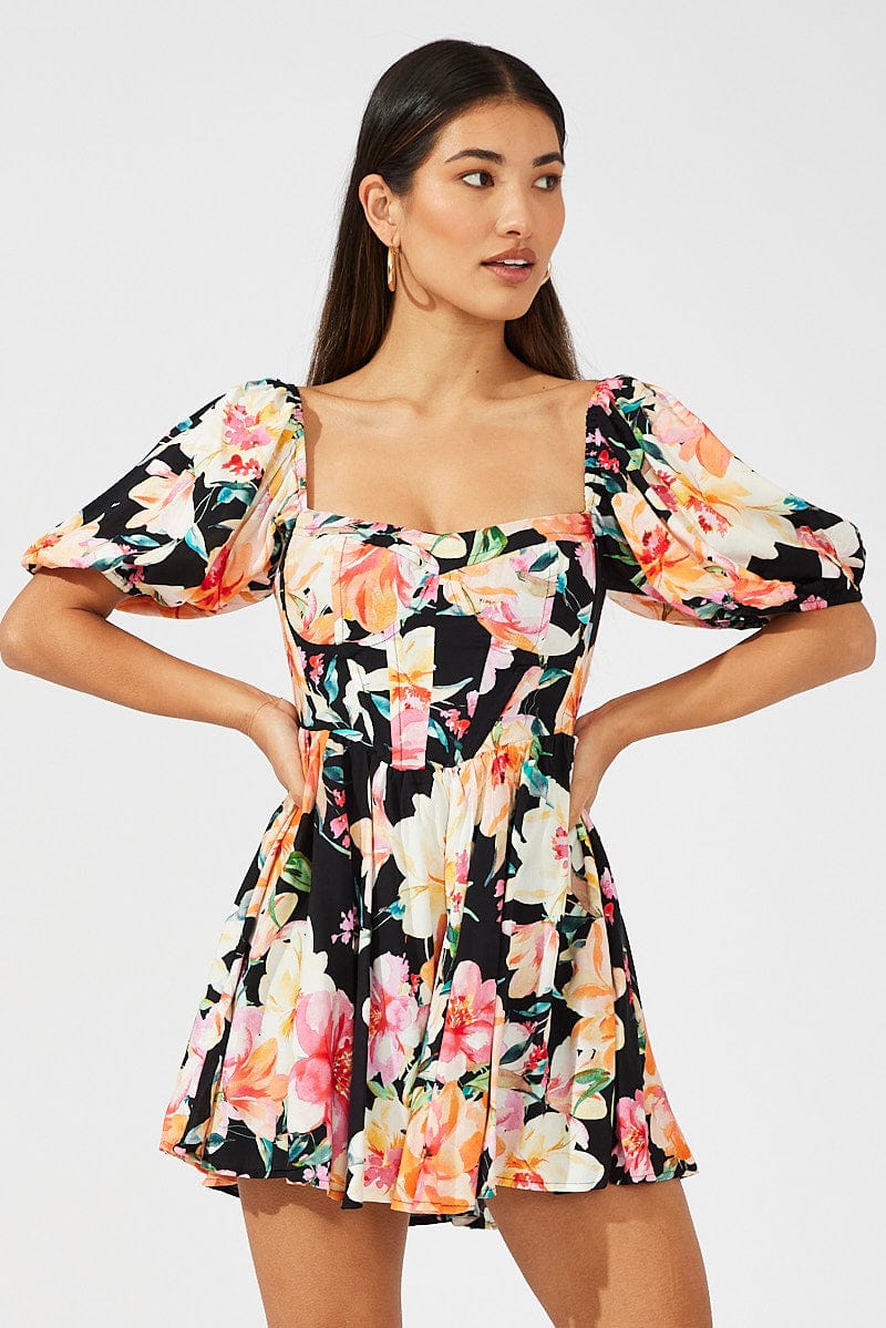 Black Floral Puff Sleeve Skater Dress for Ally Fashion