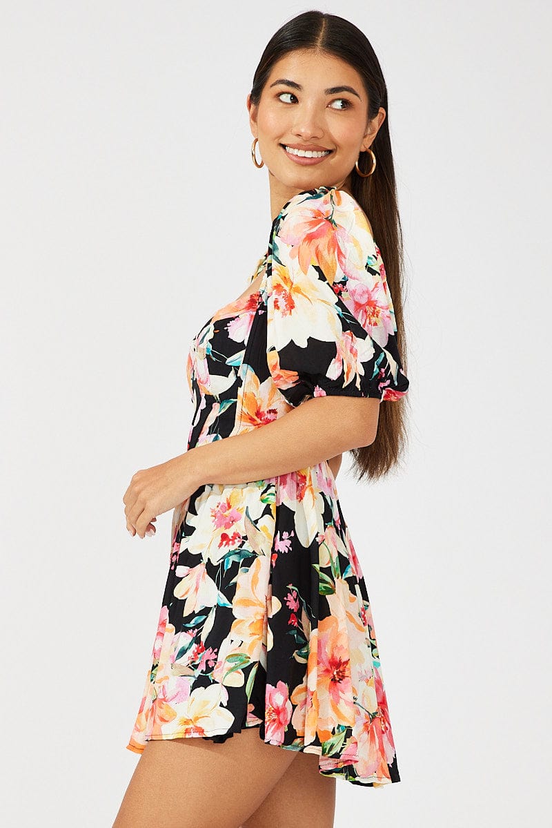 Black Floral Puff Sleeve Skater Dress for Ally Fashion