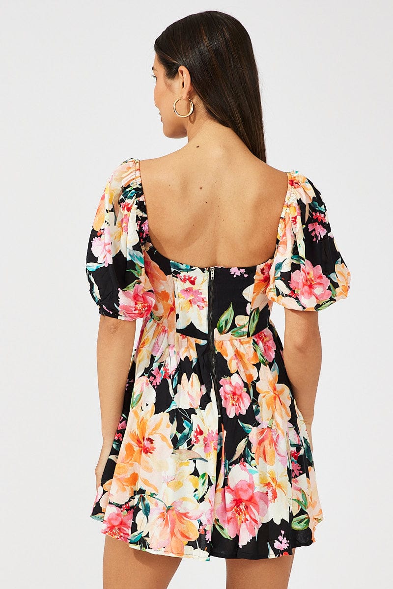 Black Floral Puff Sleeve Skater Dress | Ally Fashion