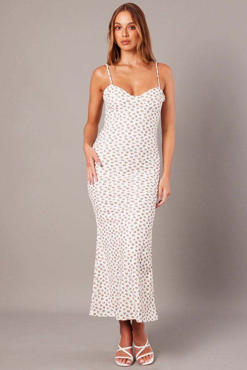 White Ditsy Maxi Dress Sweetheart Neck Bodycon Textured for Ally Fashion