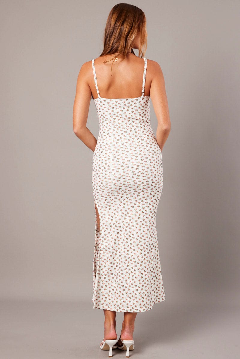 White Ditsy Maxi Dress Sweetheart Neck Bodycon Textured for Ally Fashion