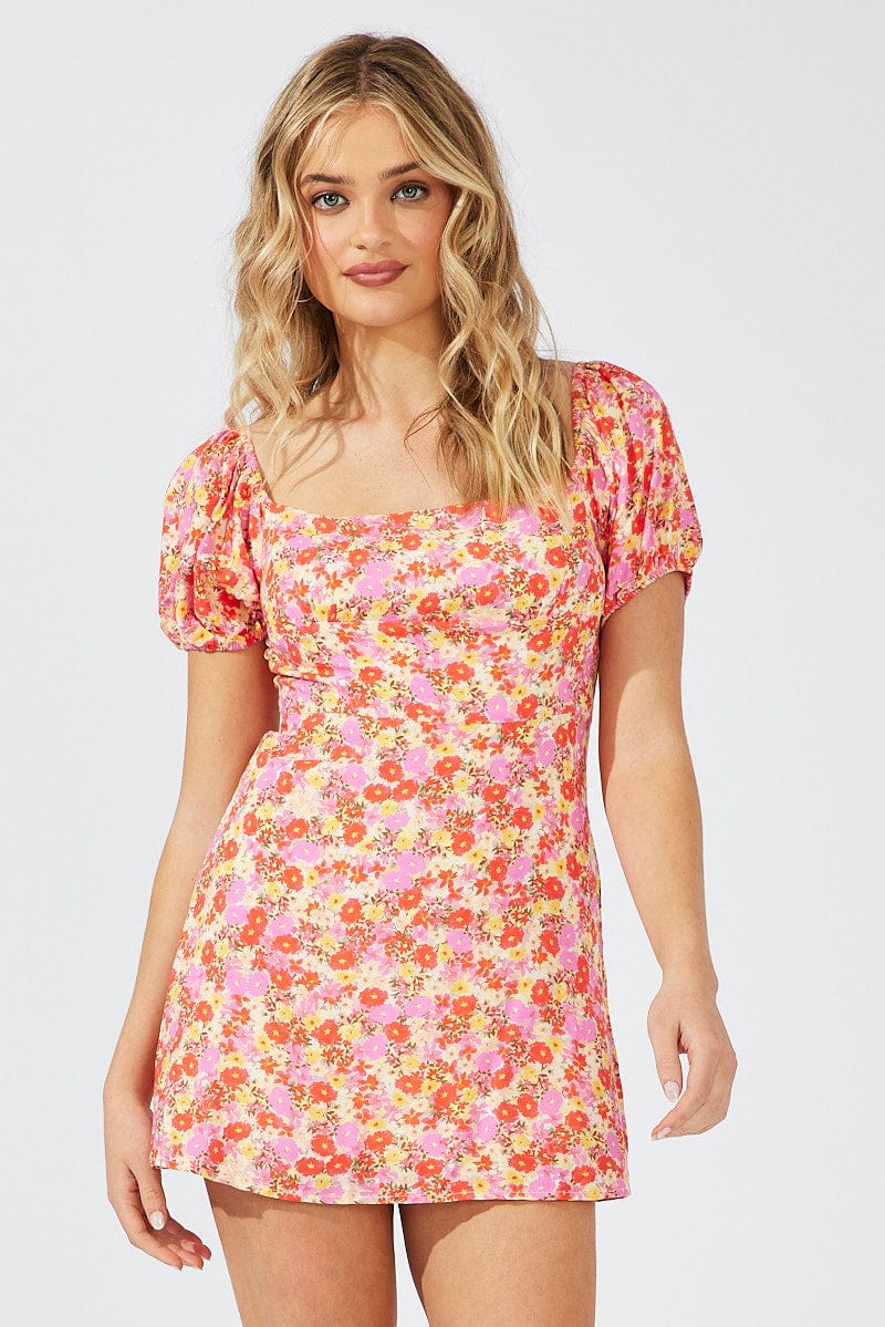 Pink Floral Mini Dress Puff Sleeve for Ally Fashion