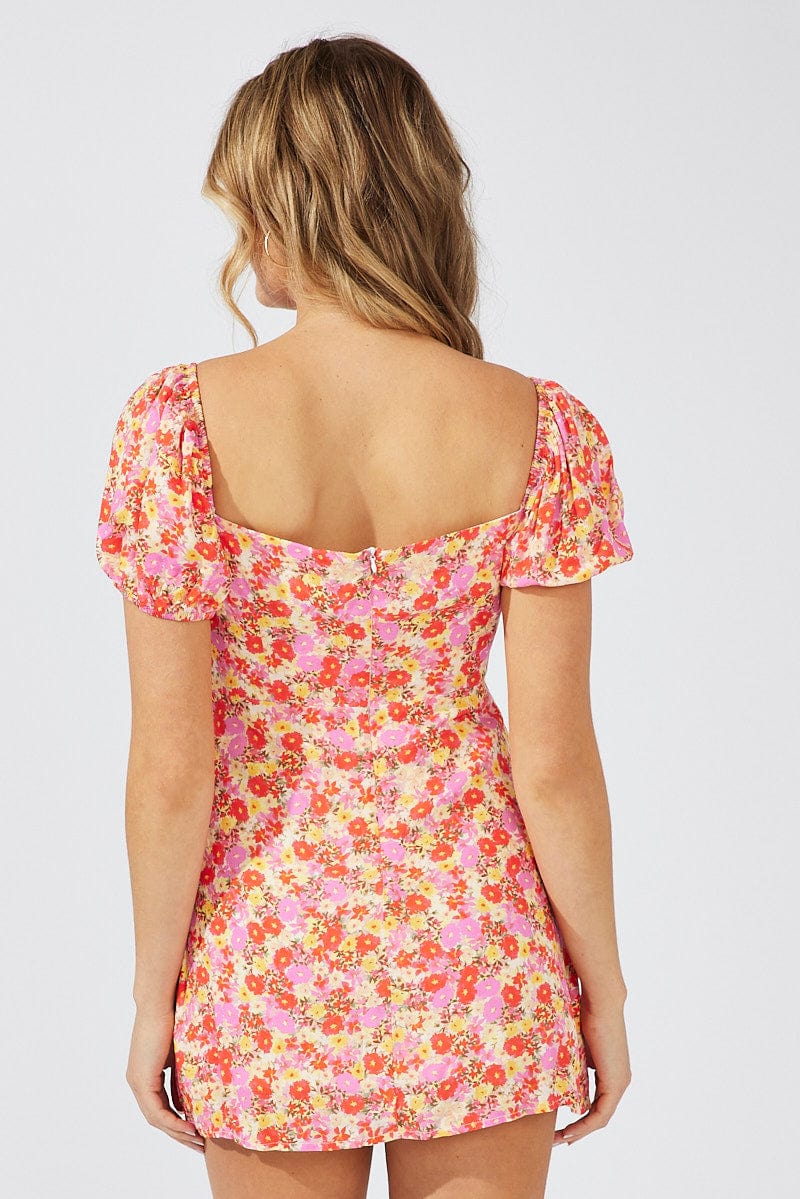 Pink Floral Mini Dress Puff Sleeve for Ally Fashion