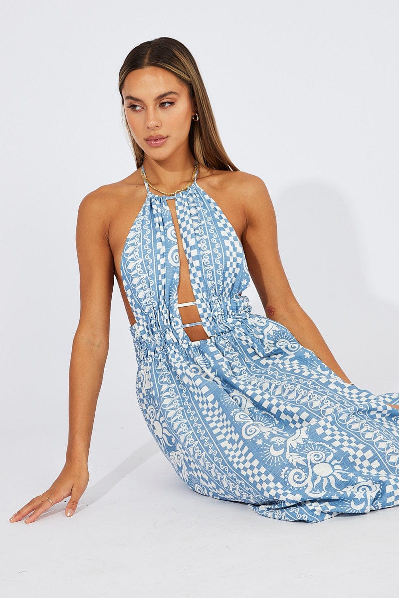 Blue Abstract Maxi Dress Halter Neck for Ally Fashion