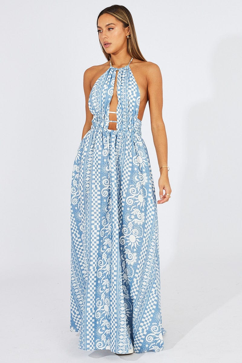 Blue Abstract Maxi Dress Halter Neck for Ally Fashion