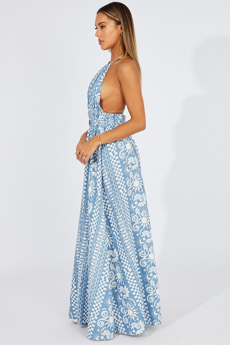 Blue Abstract Maxi Dress Halter Neck for Ally Fashion