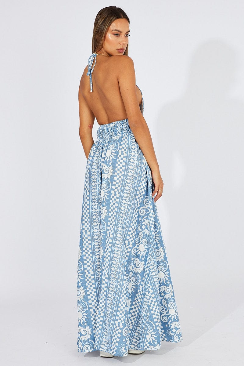 Blue Abstract Maxi Dress Halter Neck for Ally Fashion