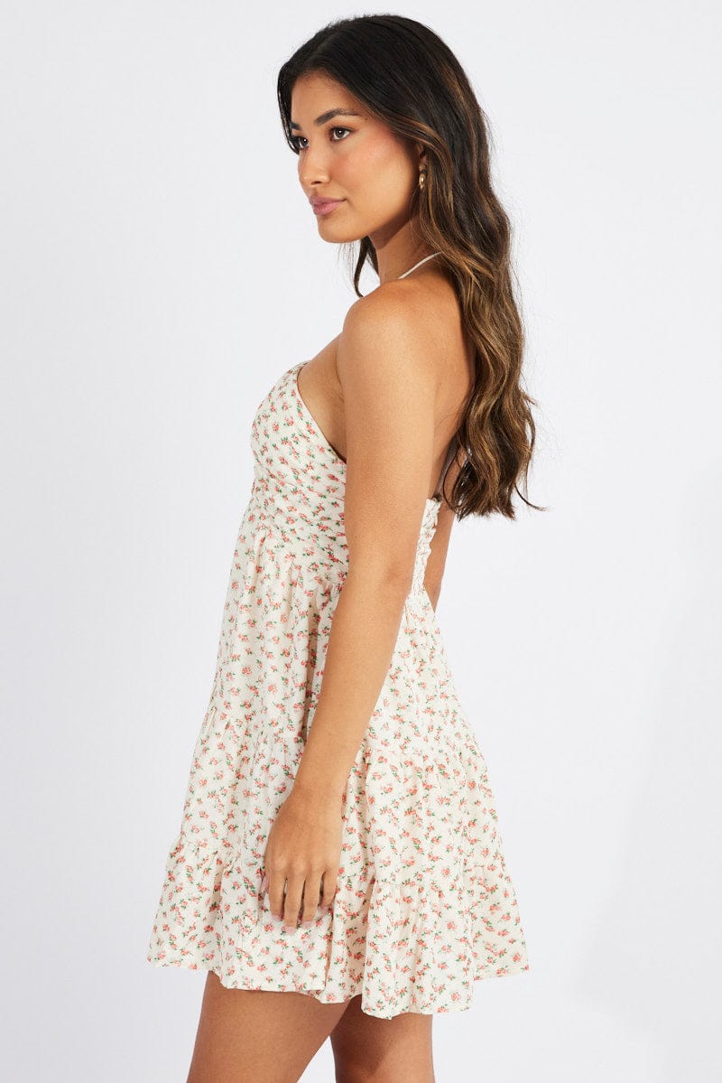 Beige Floral Fit And Flare Dress Mini for Ally Fashion