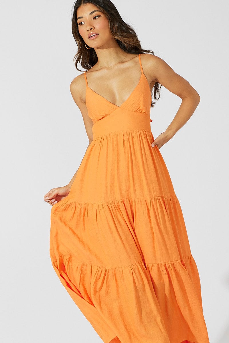 Orange Maxi Dress Tiered Sleeveless | Ally Fashion