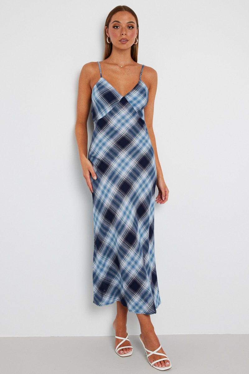 Multi Check Maxi Slip Dress Bias Cut for Ally Fashion