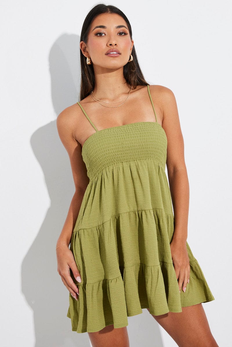 Green Mini Dress Shirred Bust for Ally Fashion