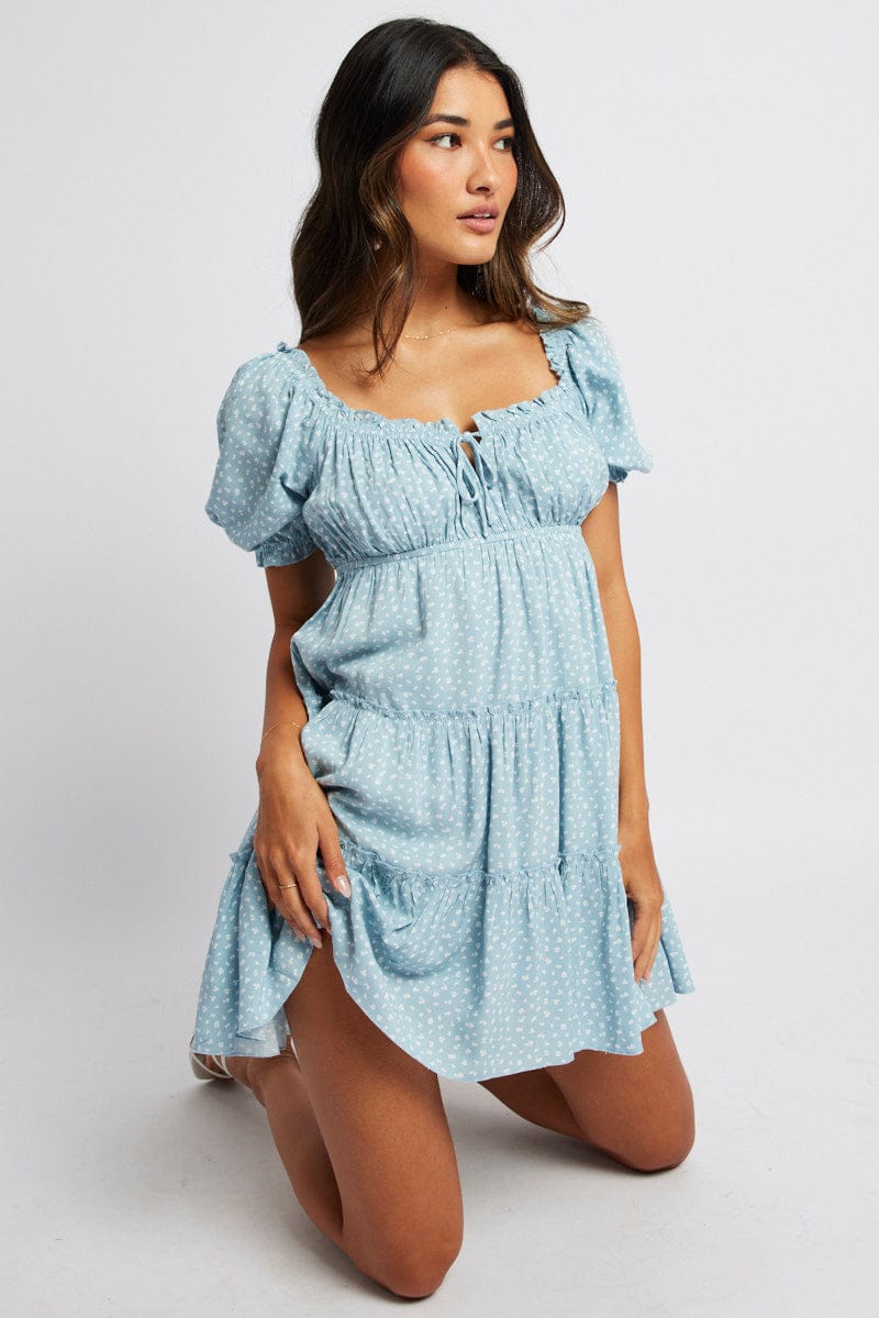 Blue Ditsy Fit And Flare Dress Puff Sleeve Mini for Ally Fashion