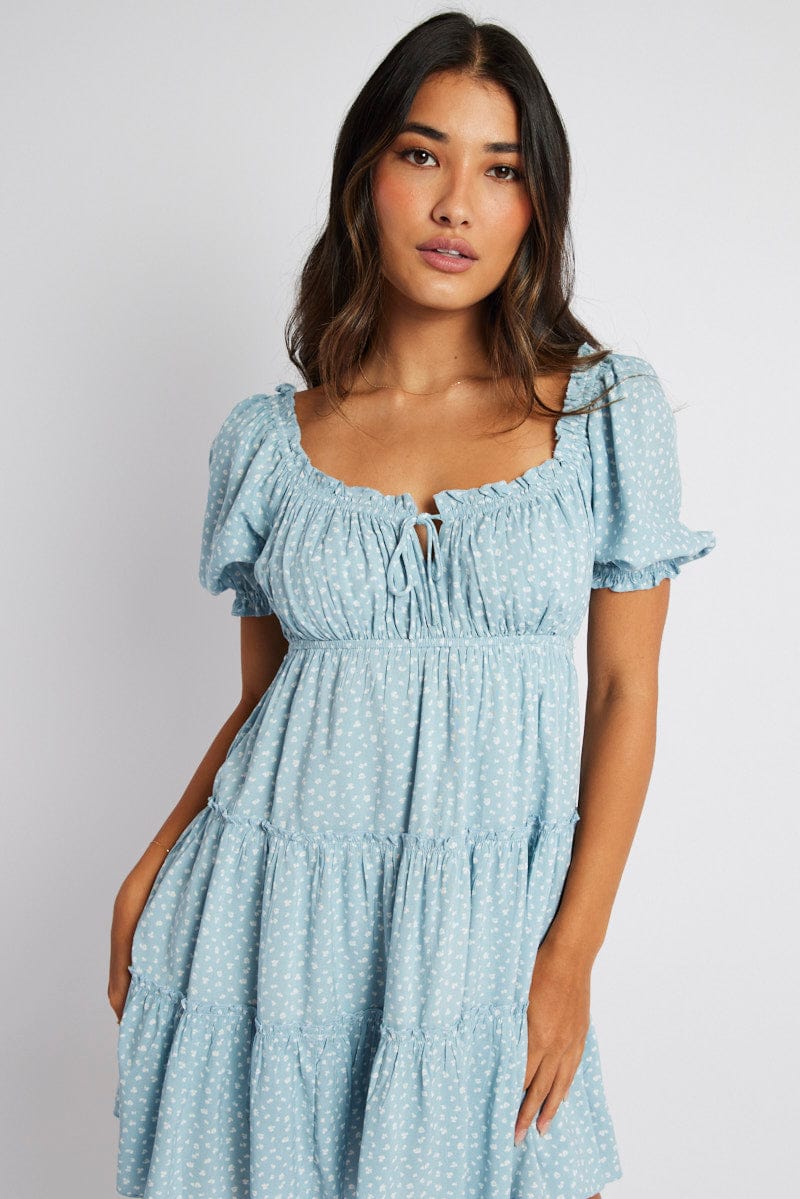 Blue Ditsy Fit And Flare Dress Puff Sleeve Mini for Ally Fashion