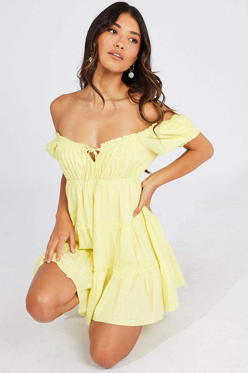 Yellow Fit And Flare Dress Puff Sleeve Mini for Ally Fashion