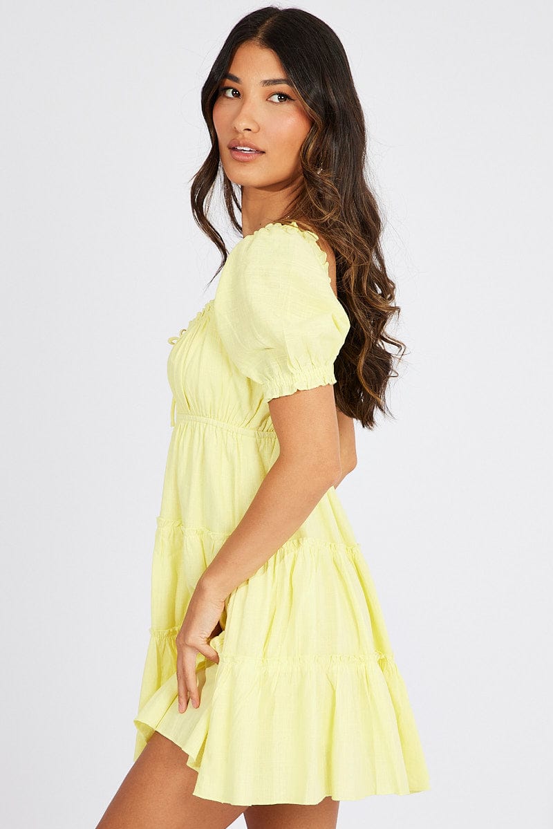 Yellow Fit And Flare Dress Puff Sleeve Mini for Ally Fashion