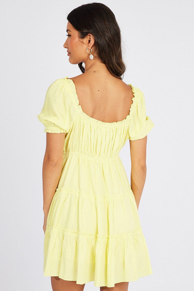 Yellow Fit And Flare Dress Puff Sleeve Mini for Ally Fashion