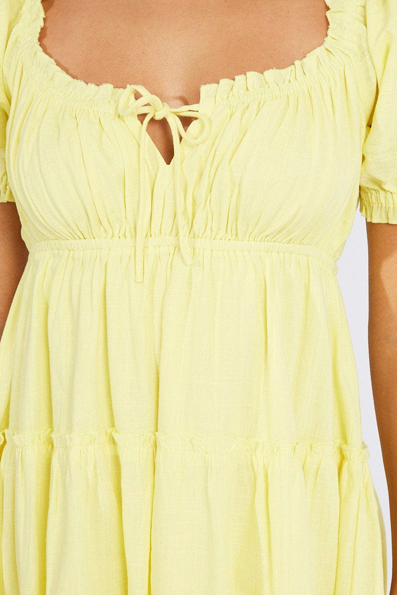 Yellow Fit And Flare Dress Puff Sleeve Mini for Ally Fashion