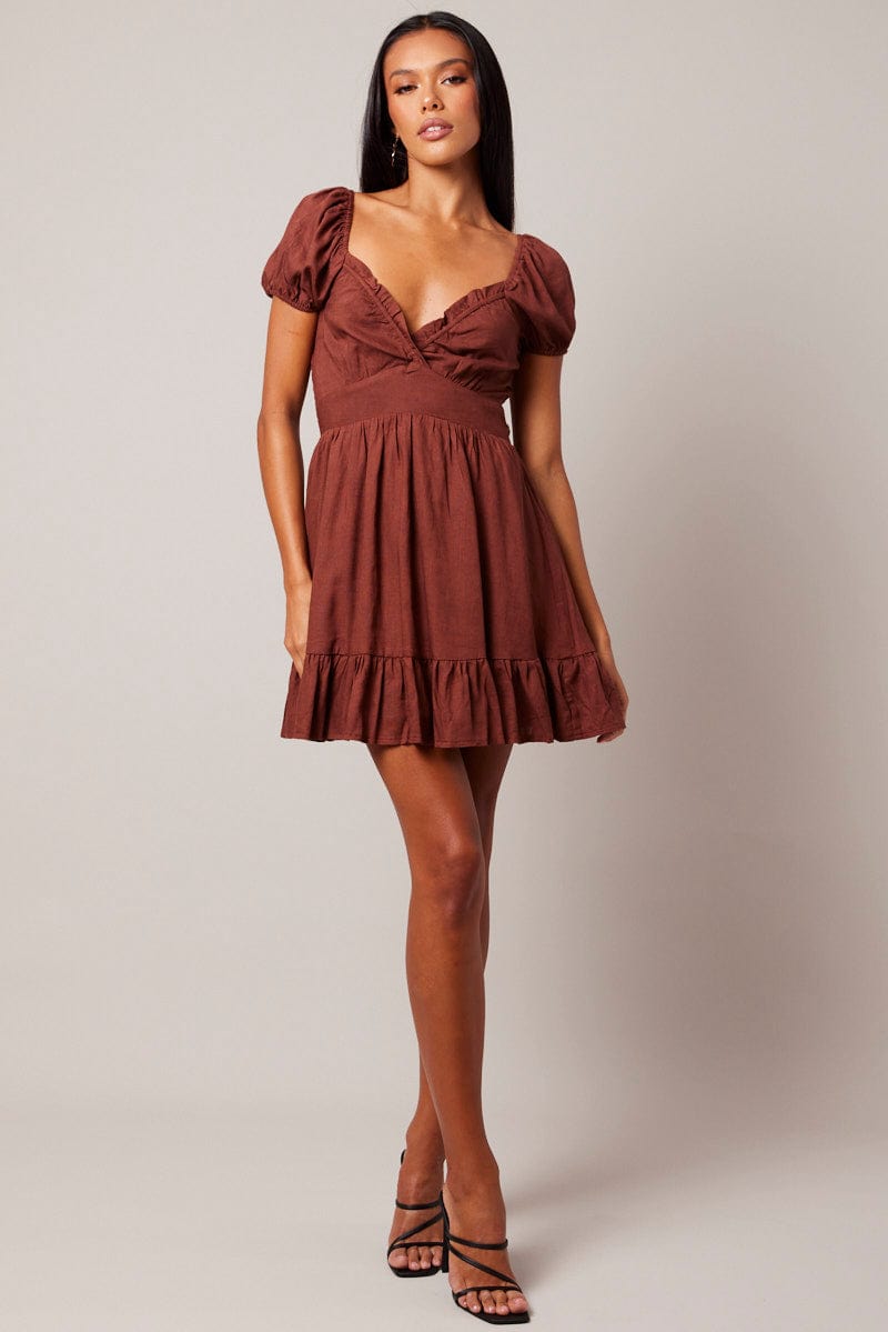 Brown Fit And Flare Dress Puff Sleeve for Ally Fashion