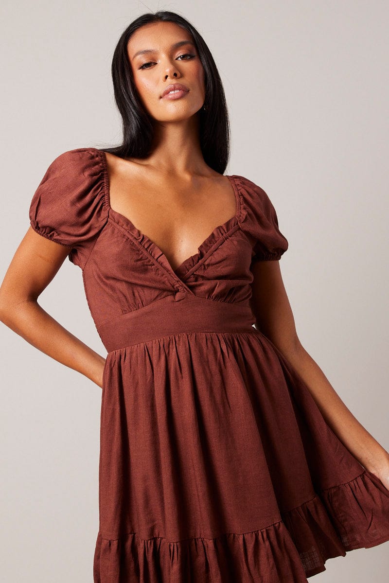 Brown Fit And Flare Dress Puff Sleeve for Ally Fashion