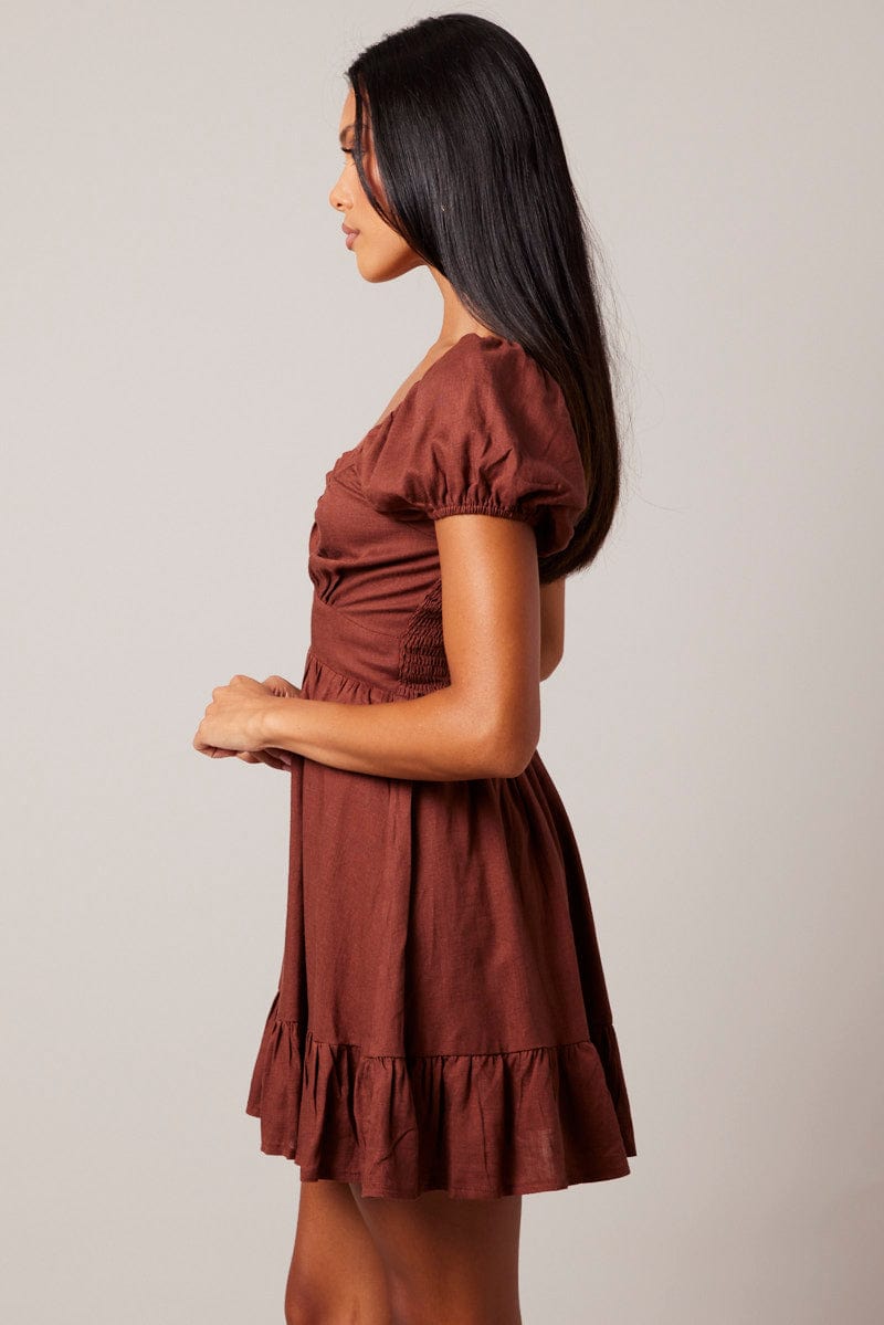 Brown Fit And Flare Dress Puff Sleeve for Ally Fashion