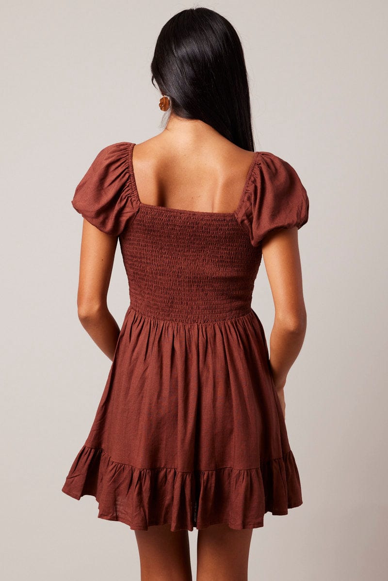 Brown Fit And Flare Dress Puff Sleeve for Ally Fashion