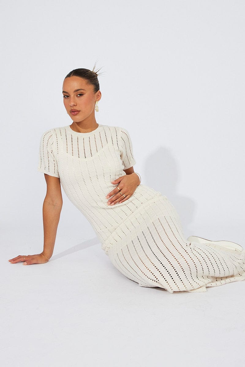 White Knit Maxi Dress Crochet Short Sleeve for Ally Fashion