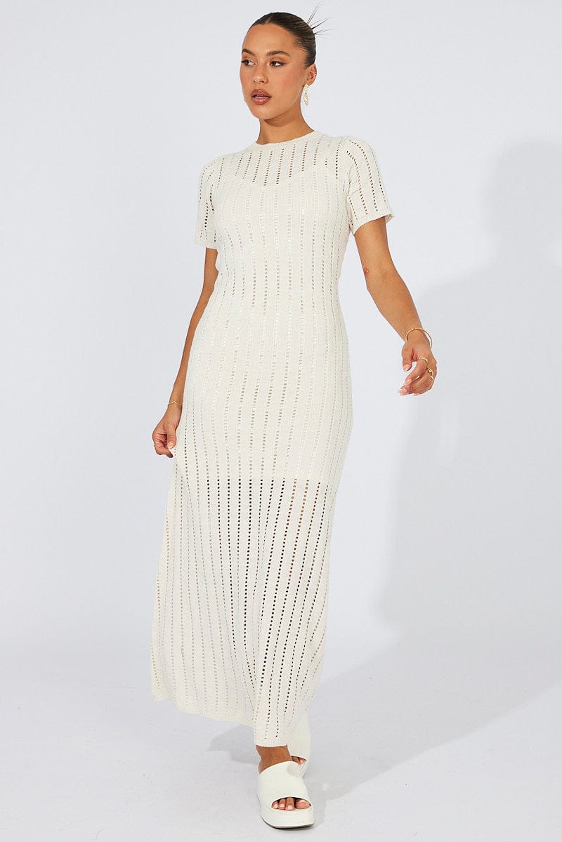 White Knit Maxi Dress Crochet Short Sleeve for Ally Fashion