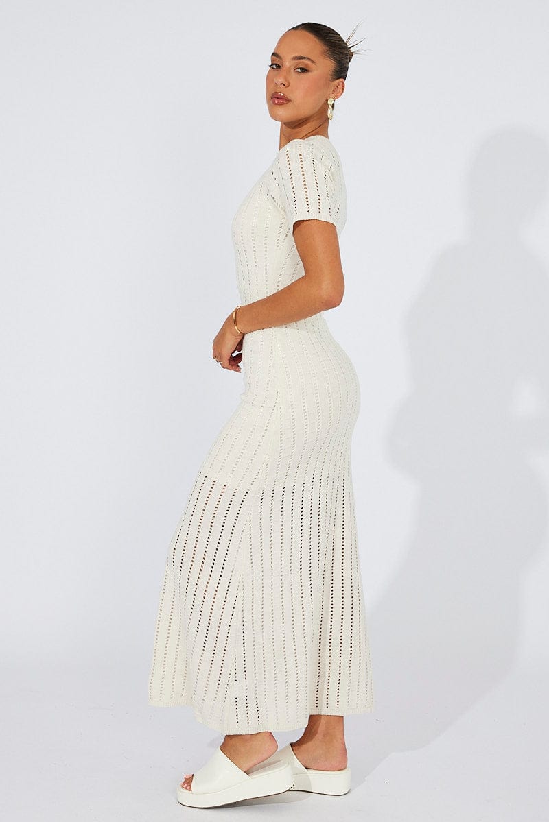 White Knit Maxi Dress Crochet Short Sleeve for Ally Fashion