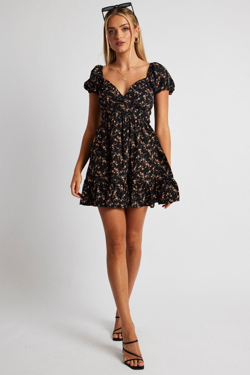 Black Floral Fit And Flare Dress Puff Sleeve for Ally Fashion