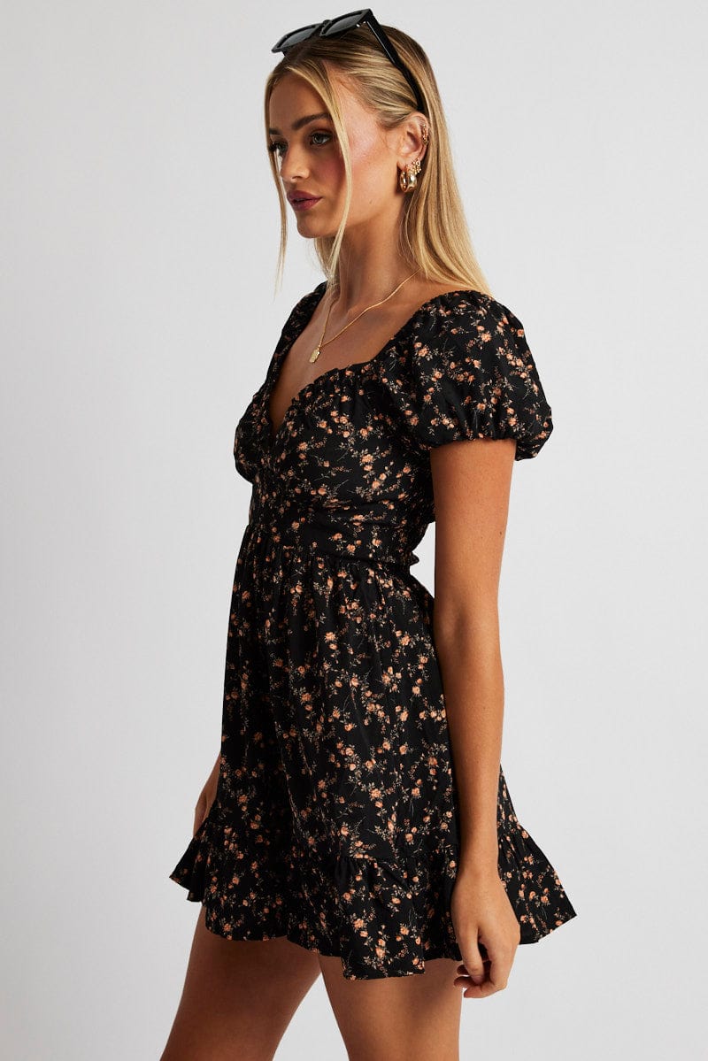 Black Floral Fit And Flare Dress Puff Sleeve for Ally Fashion