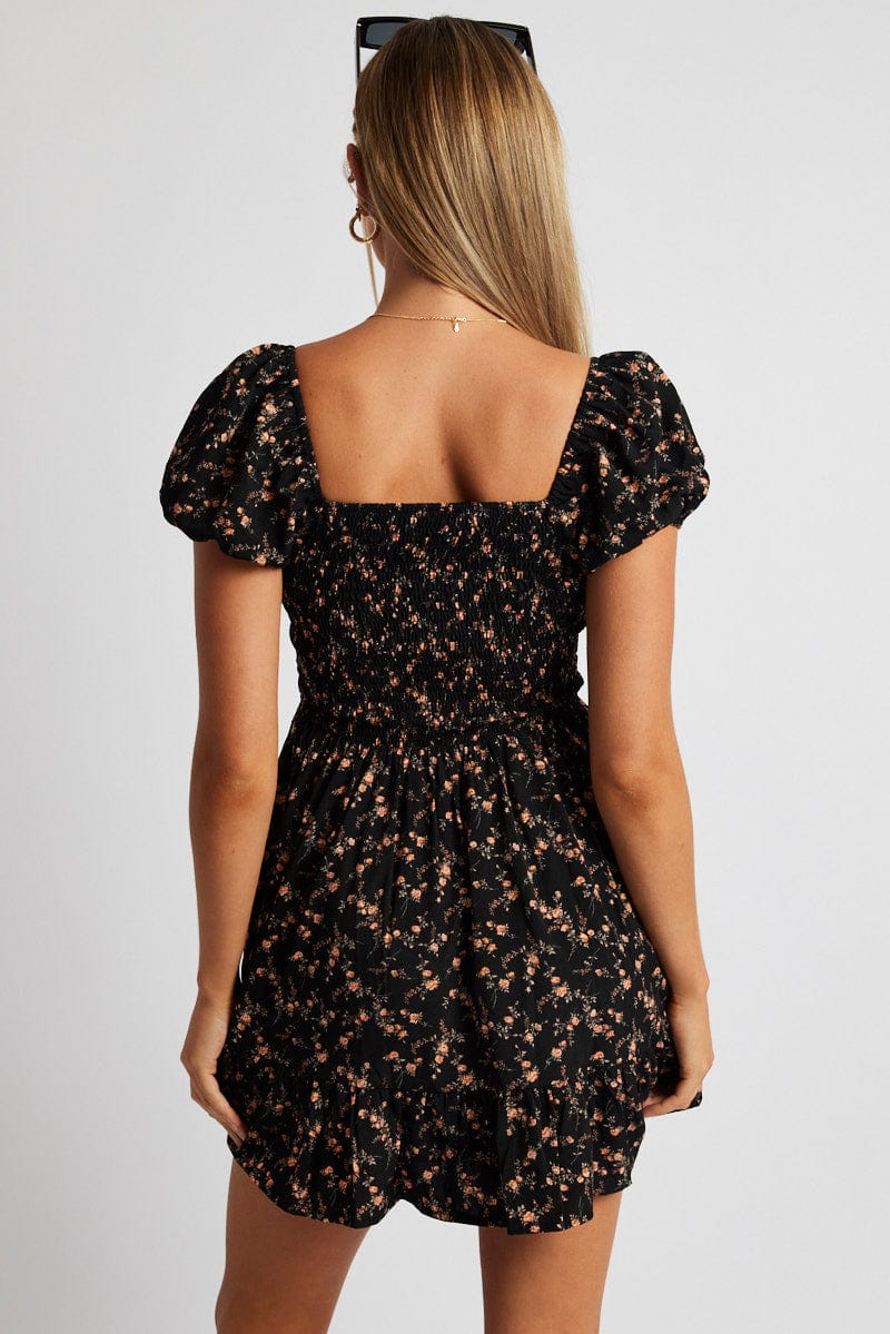 Black Floral Fit And Flare Dress Puff Sleeve for Ally Fashion