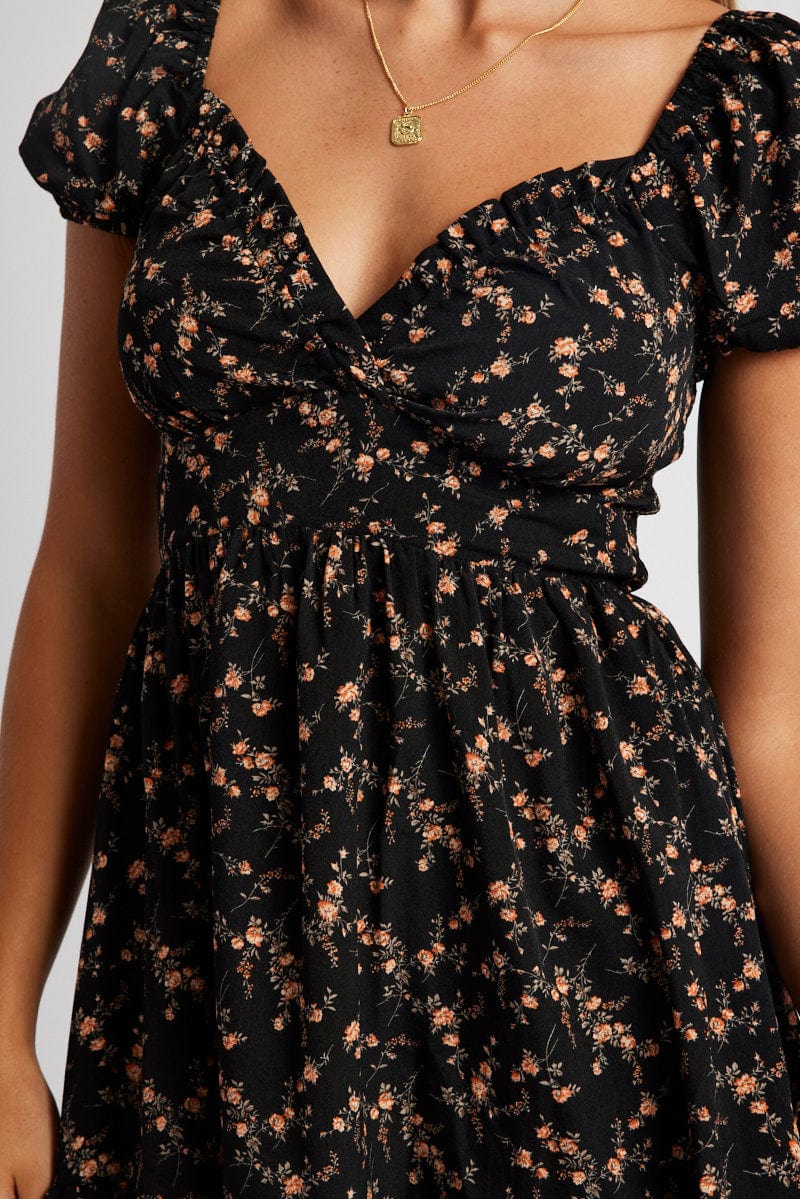 Black Floral Fit And Flare Dress Puff Sleeve for Ally Fashion