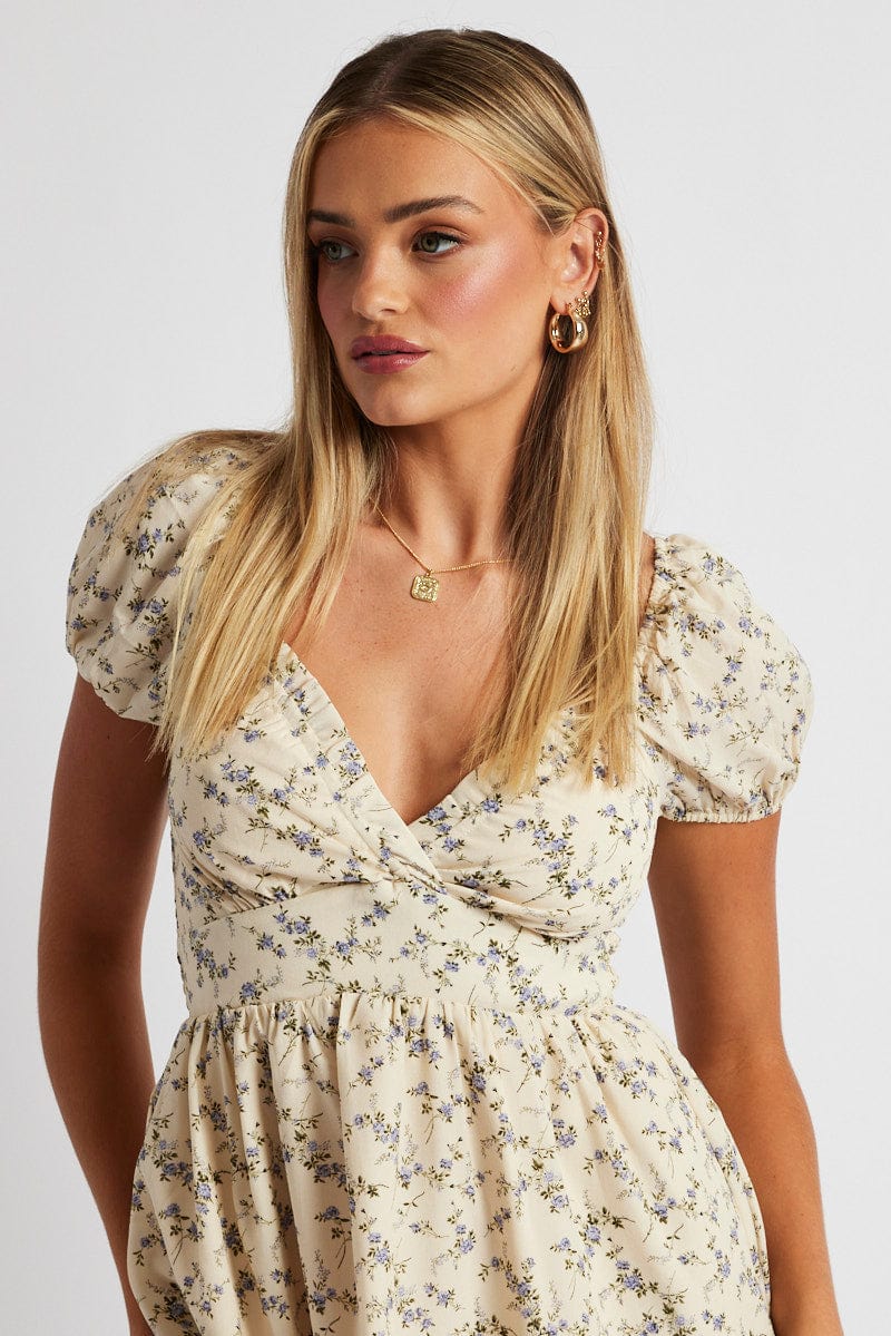 White Floral Fit And Flare Dress Puff Sleeve for Ally Fashion