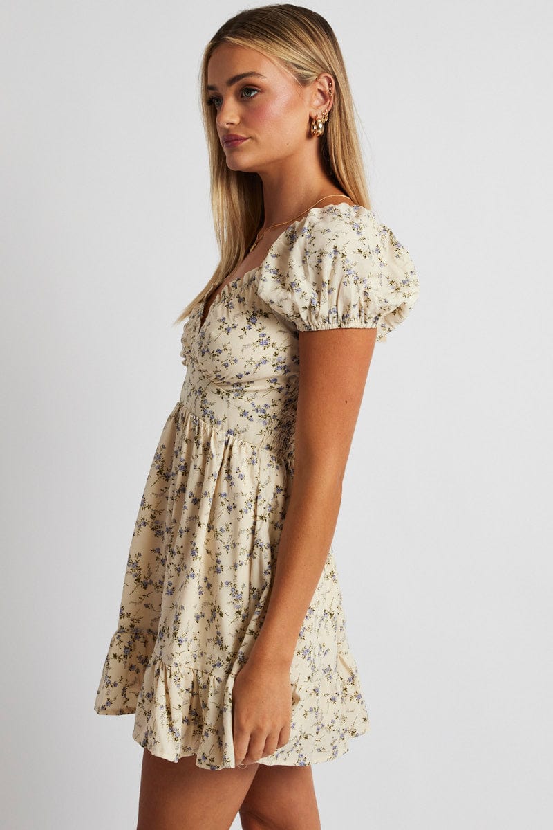 White Floral Fit And Flare Dress Puff Sleeve for Ally Fashion