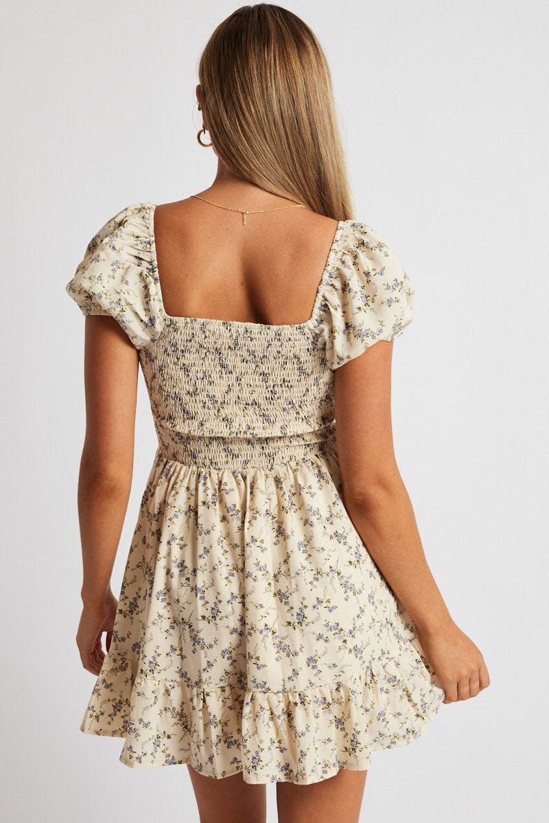 White Floral Fit And Flare Dress Puff Sleeve for Ally Fashion