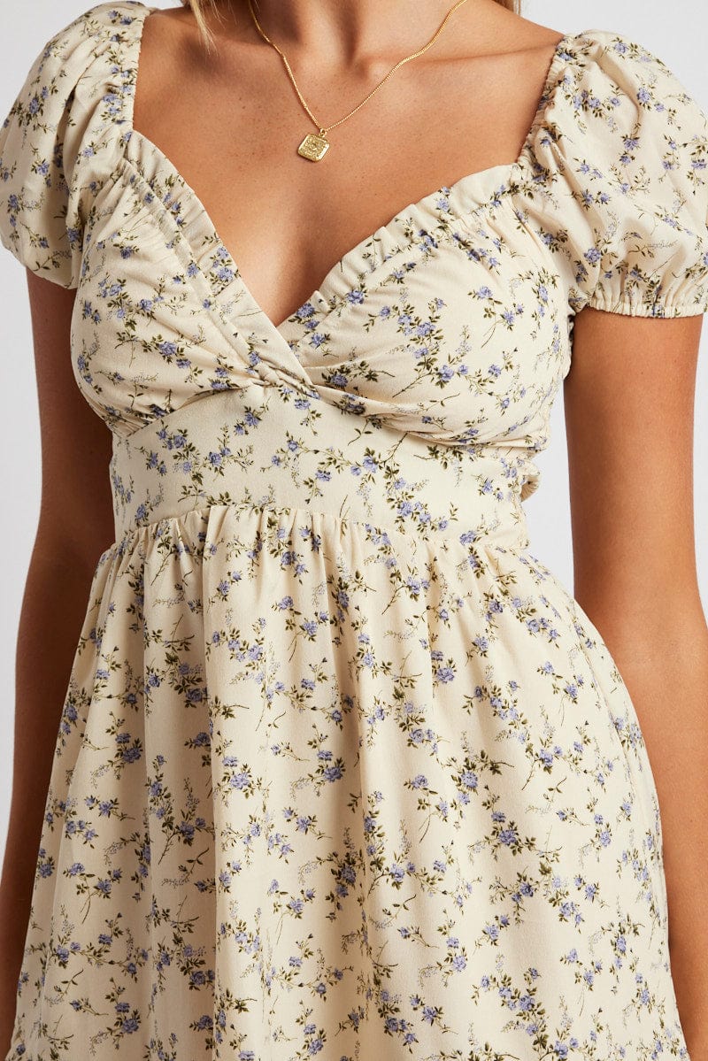 White Floral Fit And Flare Dress Puff Sleeve for Ally Fashion