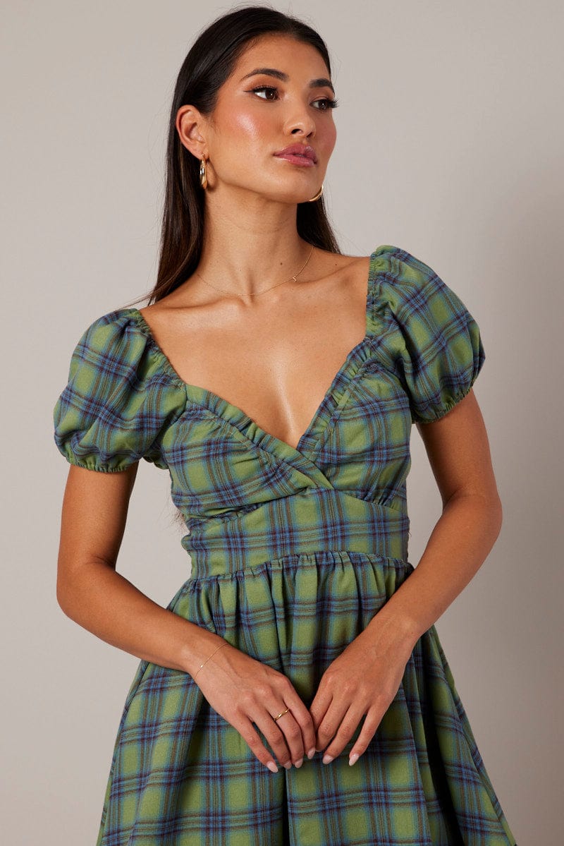 Green Check Fit And Flare Dress Puff Sleeve for Ally Fashion