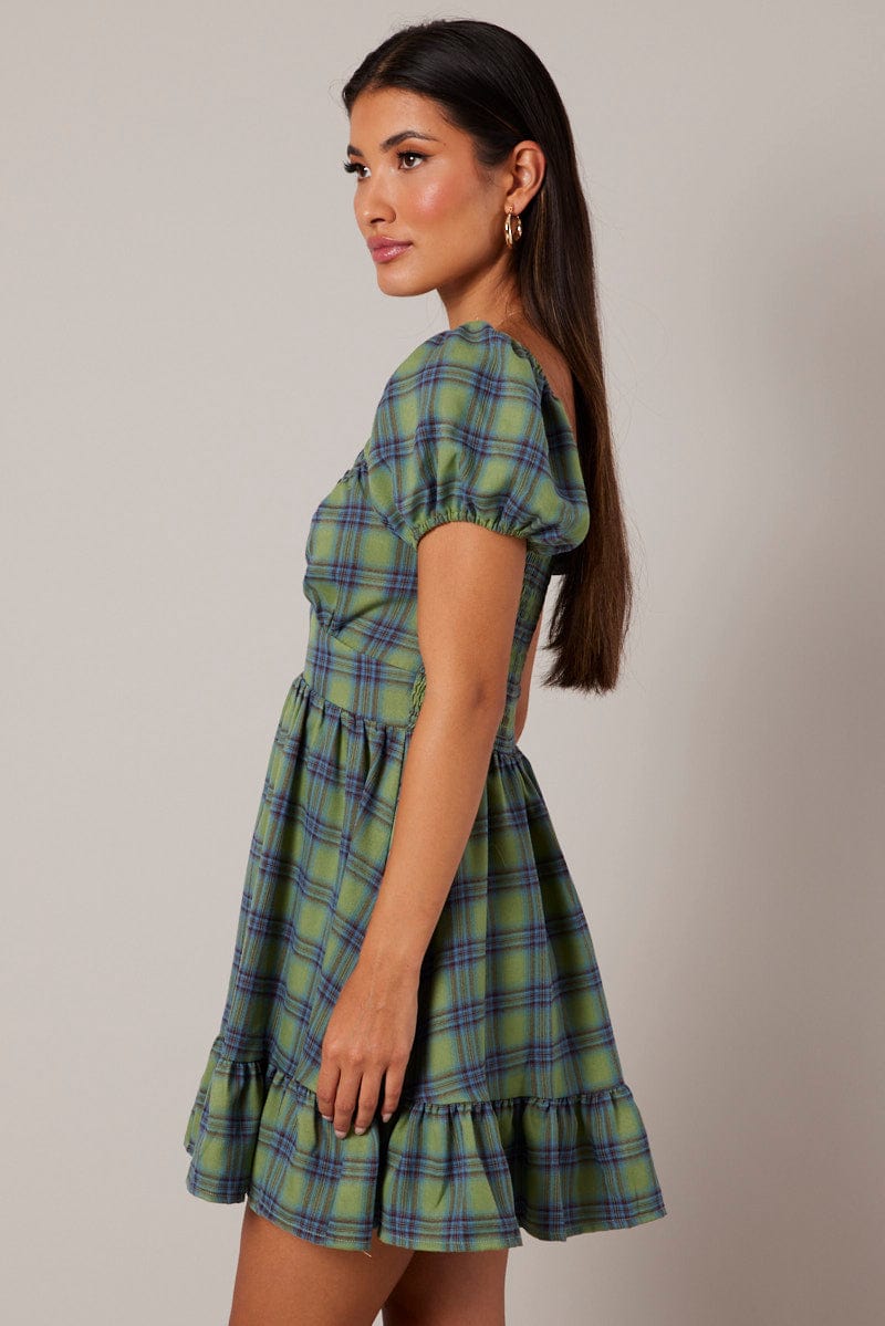 Green Check Fit And Flare Dress Puff Sleeve for Ally Fashion