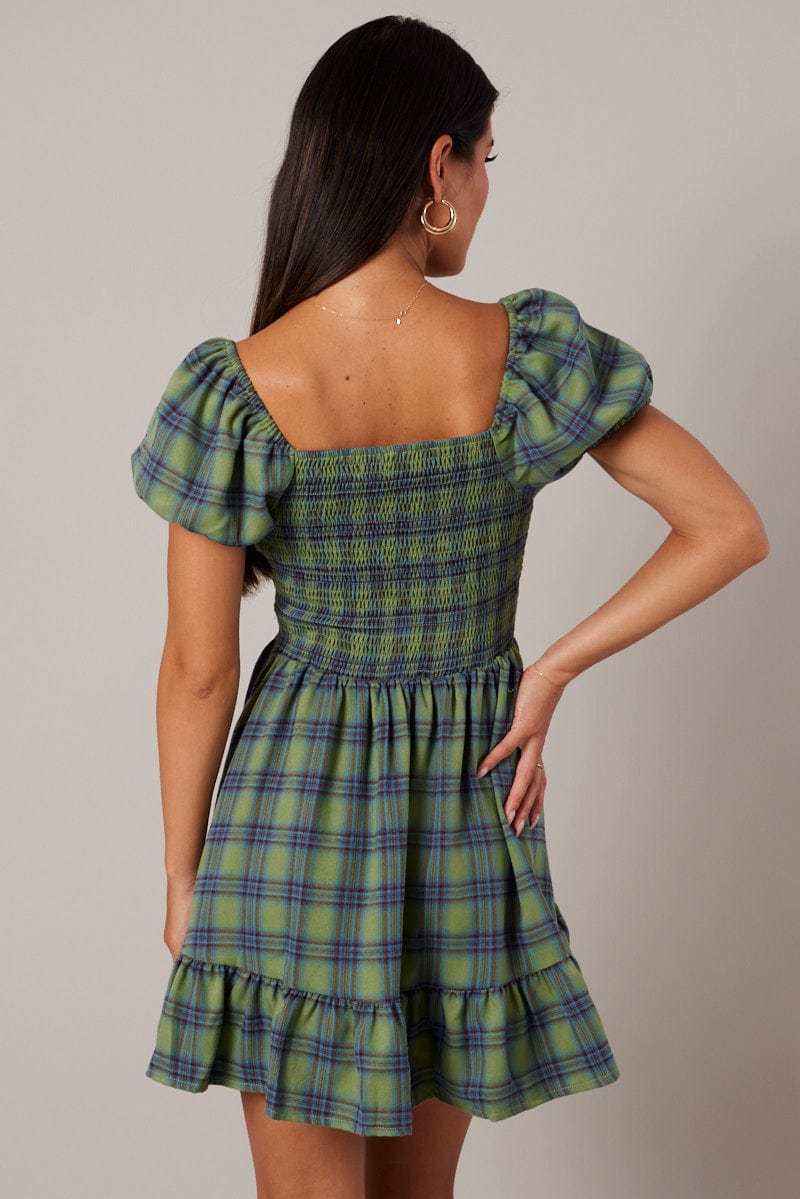 Green Check Fit And Flare Dress Puff Sleeve for Ally Fashion