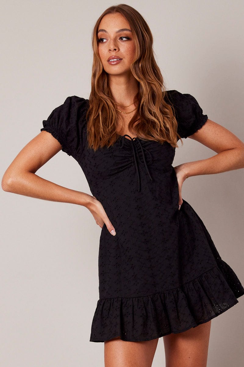 Black Fit And Flare Dress Puff Sleeve Mini for Ally Fashion